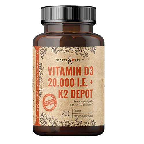 Vitamin D3 K2 Tabletten -200 Tabletten - Vitamin D Hochdosiert 20000 IE + 200µg Vitamin K2-Mk7 - D3 K2 Depot - Premium Qualität - Vegetarisch - Laborgeprüft
